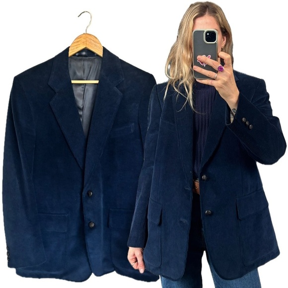 Vintage Jackets & Blazers - Men’s Vintage Made in Canada Cotton Oversized Navy Blue Corduroy Blazer Jacket